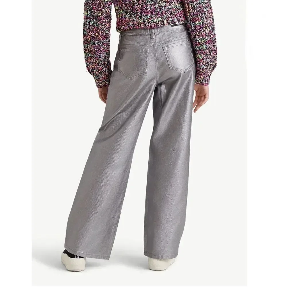 Girls Wide Leg Silver Denim Pleather Pants Size 12